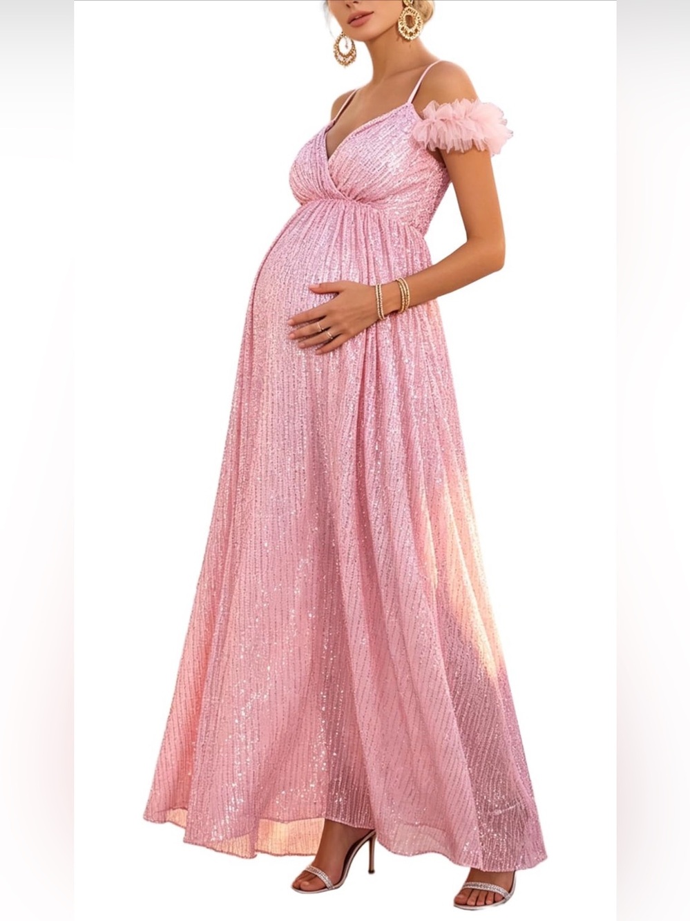 Maternity Off Shoulder Tulle Feather Sequin Maxi Dress size Medium NWT
